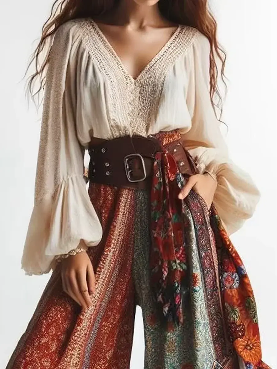 Women's Elegant Blouse Lantern Sleeve Sexy V-Neck Solid Vintage Chic Ethnic Sweet Boho Retro Shirts Hollow Out Lace Shirts