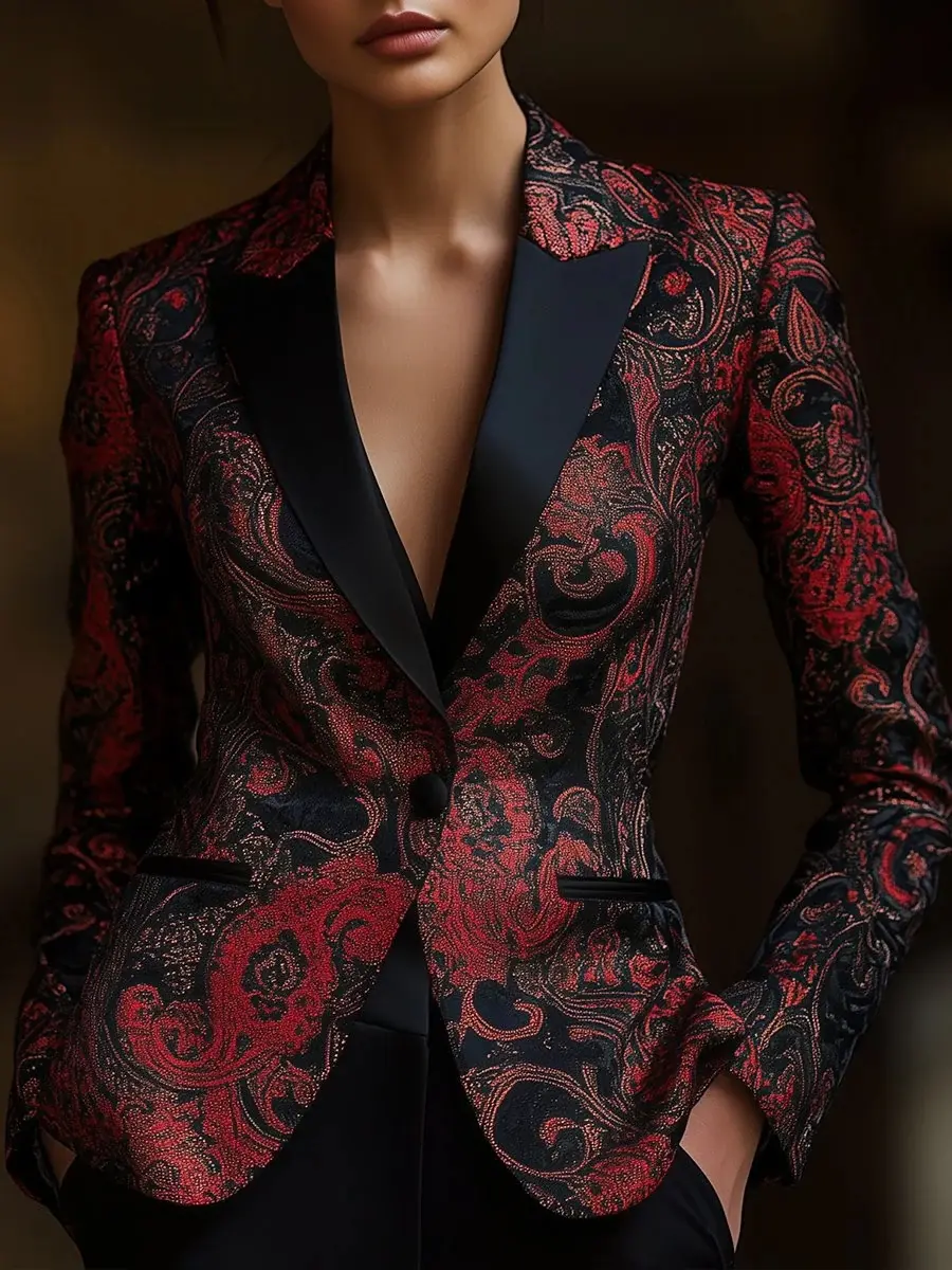 American Retro Floral Printed Blazer Jacket Satin Patchwork Lapel Collar Single Button Office Lady Elegant Vintage Jacket Coat