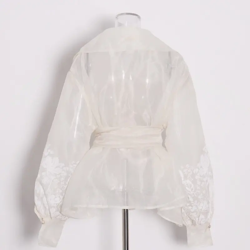 French Vintage Court Dress Style Blouse Sweet Casul 2025 Spring Organza Collar Wide-sleeved Lace-up Printed Shirt for Women