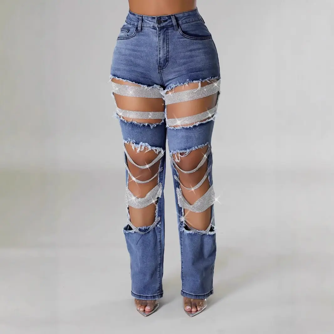 Women Pearl Beading Jean Hollow Out Hight Waist Streetwear Straight Denim Pant Pockets Casual Light Blue Denim Trousers 2025
