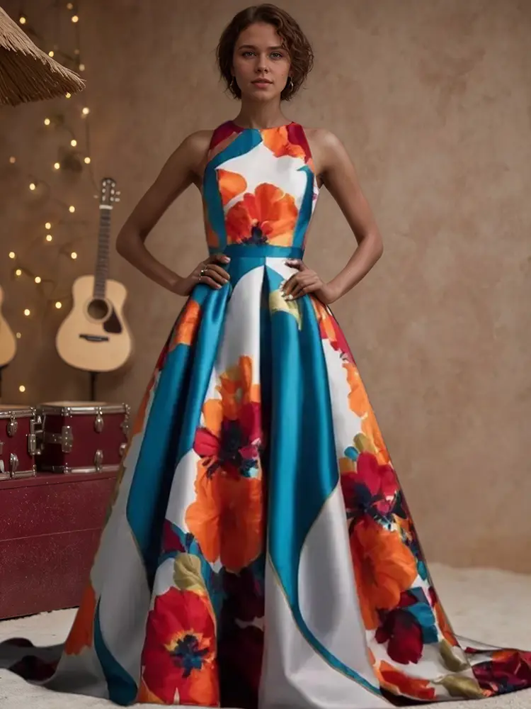 Women Floral Printed Dress Elegant Satin Party Club Sleeveless Pleated A-Line Wedding Guest Party Club Cocktail Maxi Dresses