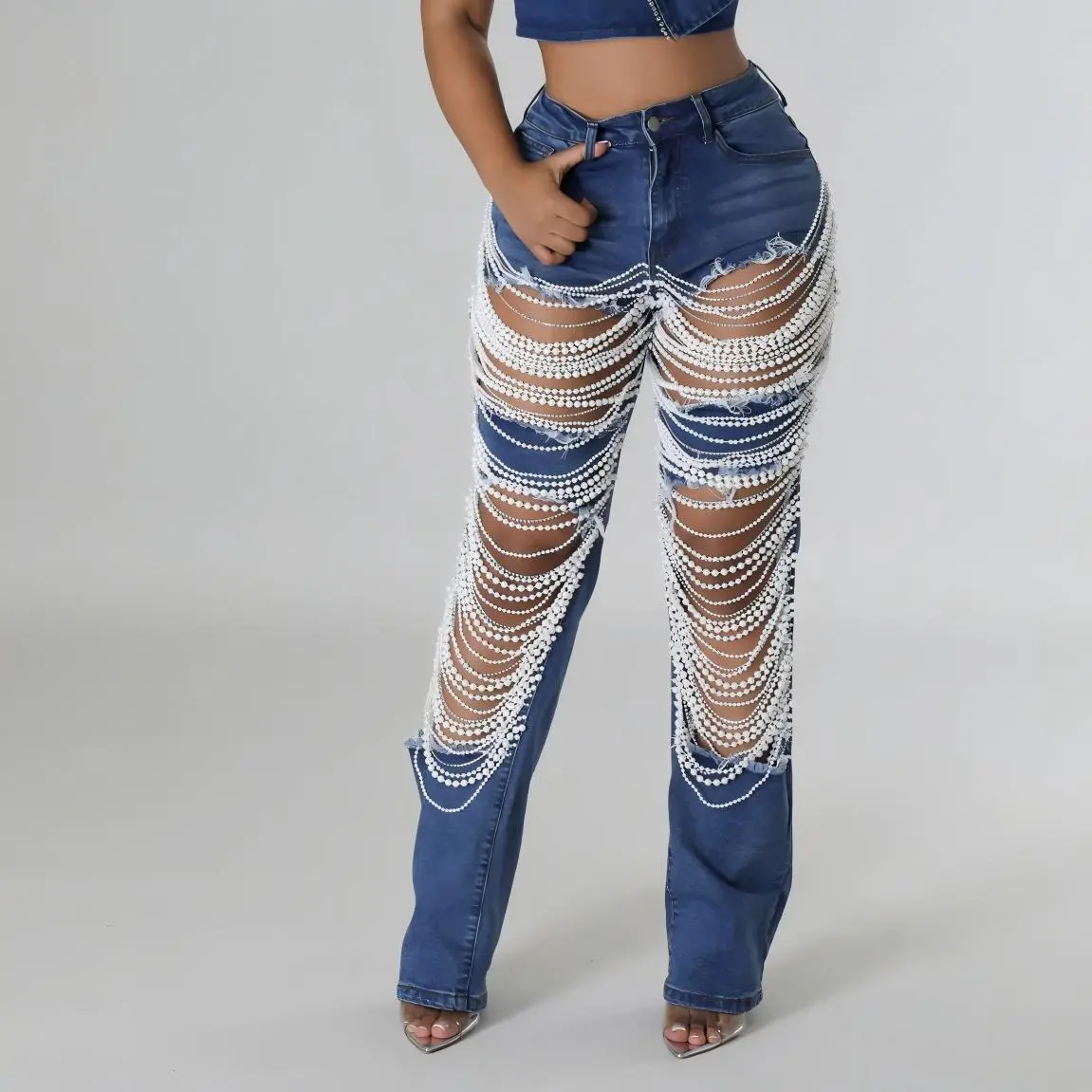 Women Pearl Beading Jean Hollow Out Hight Waist Streetwear Straight Denim Pant Pockets Casual Light Blue Denim Trousers 2025