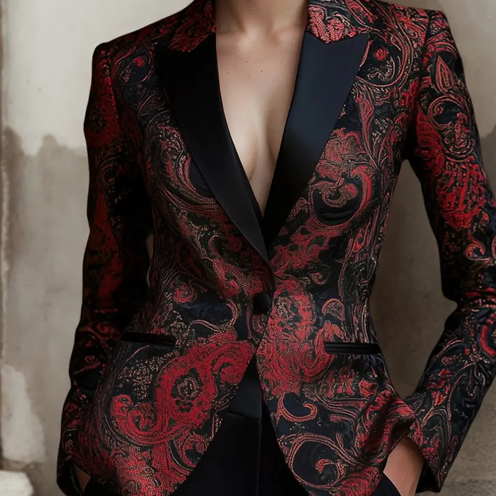 American Retro Floral Printed Blazer Jacket Satin Patchwork Lapel Collar Single Button Office Lady Elegant Vintage Jacket Coat