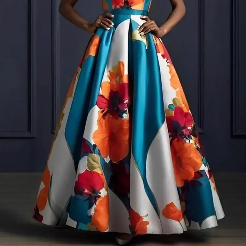Women Floral Printed Dress Elegant Satin Party Club Sleeveless Pleated A-Line Wedding Guest Party Club Cocktail Maxi Dresses