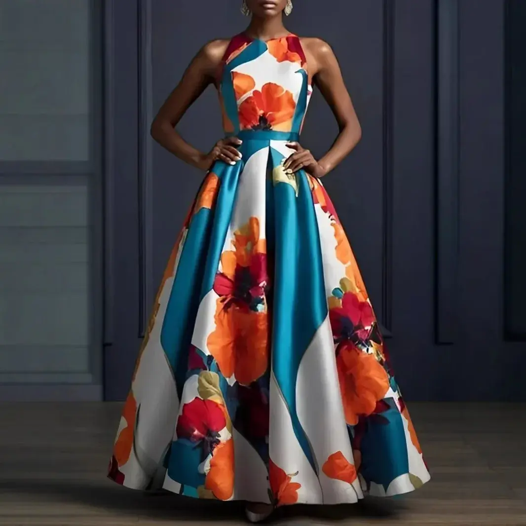 Women Floral Printed Dress Elegant Satin Party Club Sleeveless Pleated A-Line Wedding Guest Party Club Cocktail Maxi Dresses