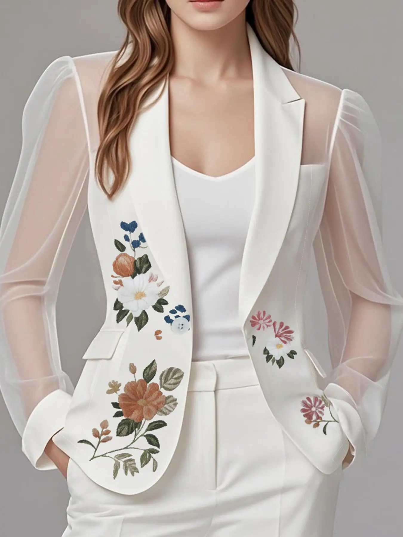 Women Floral Pritned Jacket Sheer Puff Sleeve Turn Down Collar Office Lady Elegant Tailored Coat Long Sleeve Female Outerwear