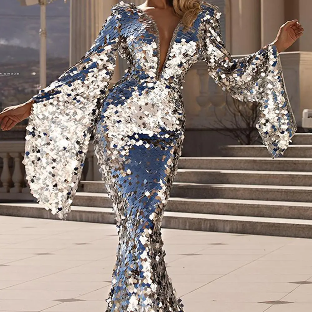Women Sequin Mermaid Long Dress Flare Sleeve Sexy V-Neck Sparkly Party Stage Costume Slim Luxury dresses Women Dress 2024