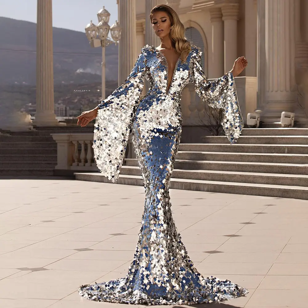 Women Sequin Mermaid Long Dress Flare Sleeve Sexy V-Neck Sparkly Party Stage Costume Slim Luxury dresses Women Dress 2024