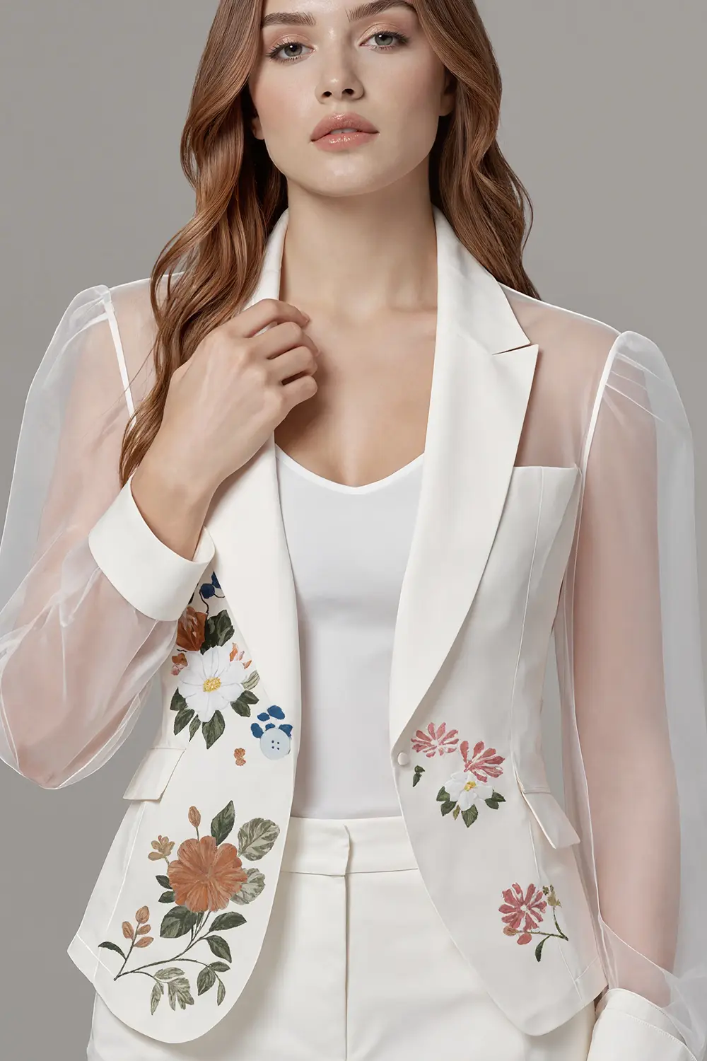 Women Floral Pritned Jacket Sheer Puff Sleeve Turn Down Collar Office Lady Elegant Tailored Coat Long Sleeve Female Outerwear