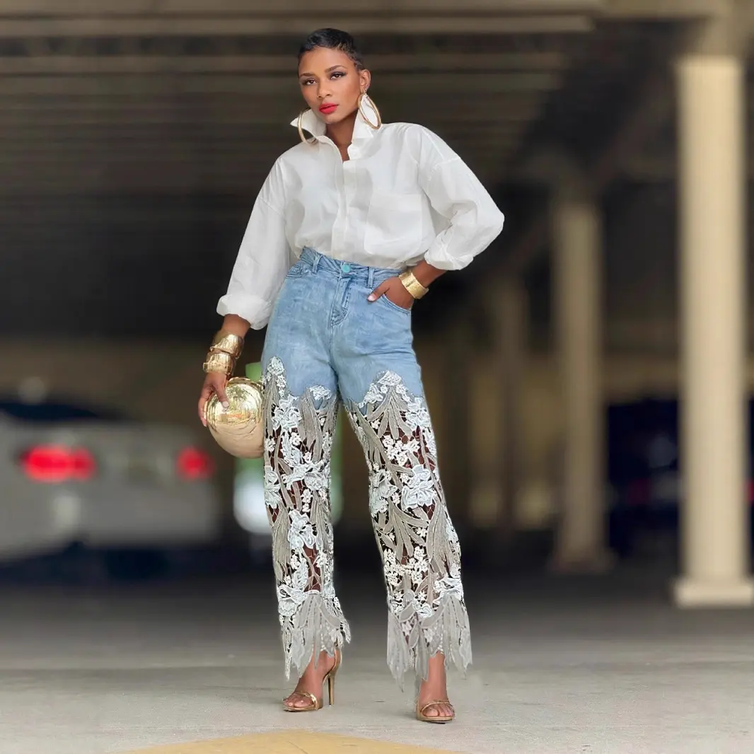 Lace Patchwork Jeans for Women Straight Denim Pant Hollow Out High Waist Elegant Streetwear Pockets Casual Denim Trousers