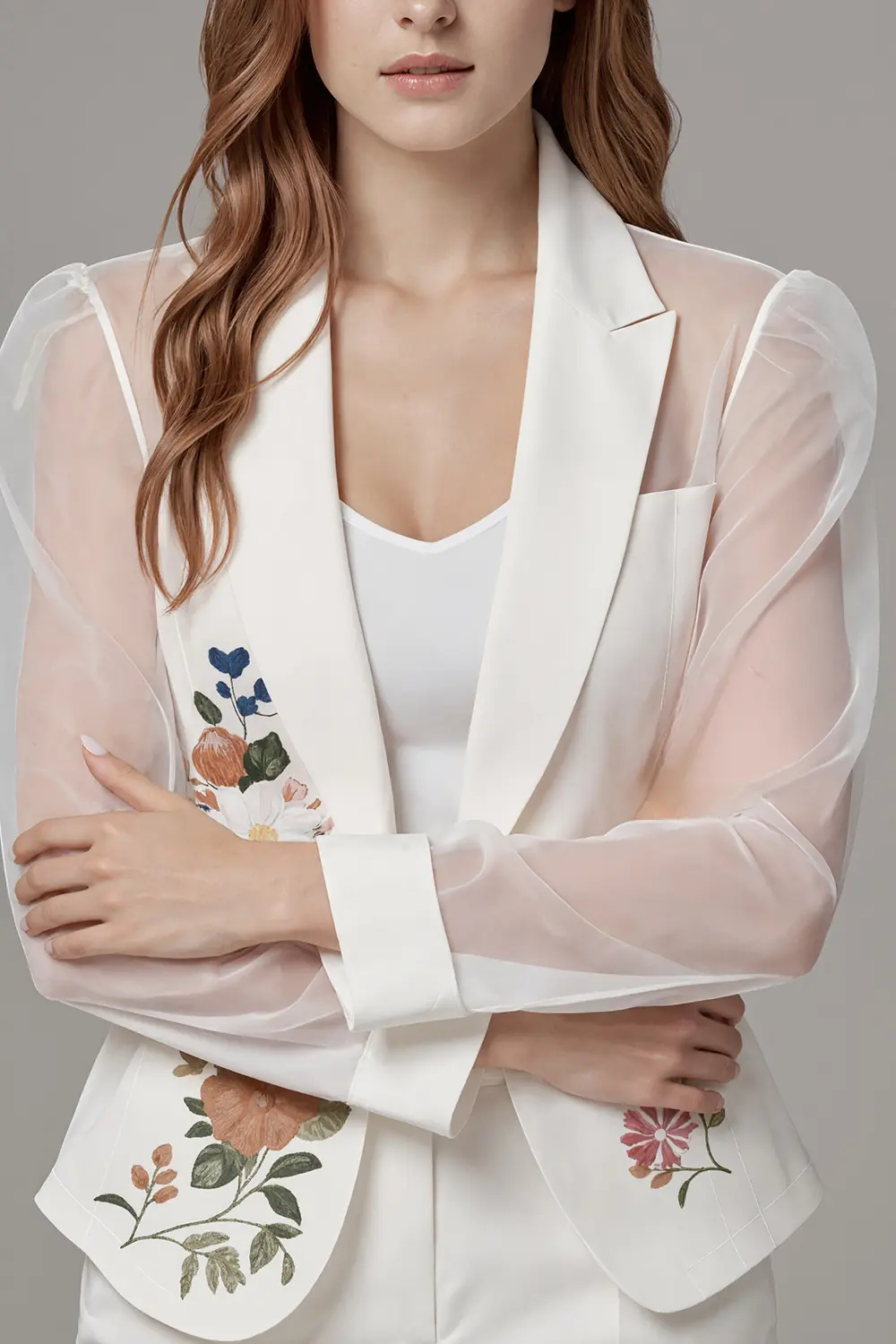 Women Floral Pritned Jacket Sheer Puff Sleeve Turn Down Collar Office Lady Elegant Tailored Coat Long Sleeve Female Outerwear