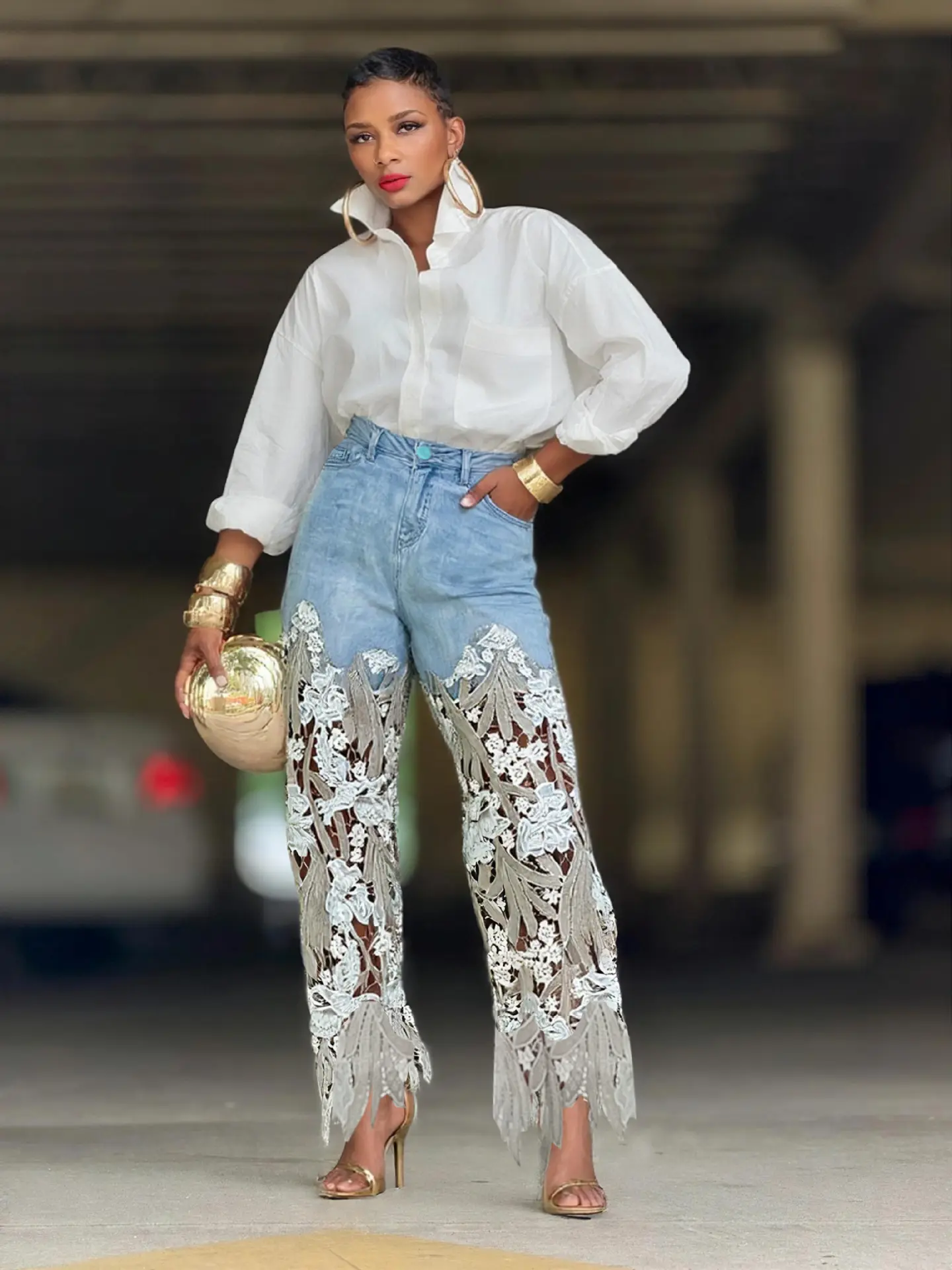 Lace Patchwork Jeans for Women Straight Denim Pant Hollow Out High Waist Elegant Streetwear Pockets Casual Denim Trousers