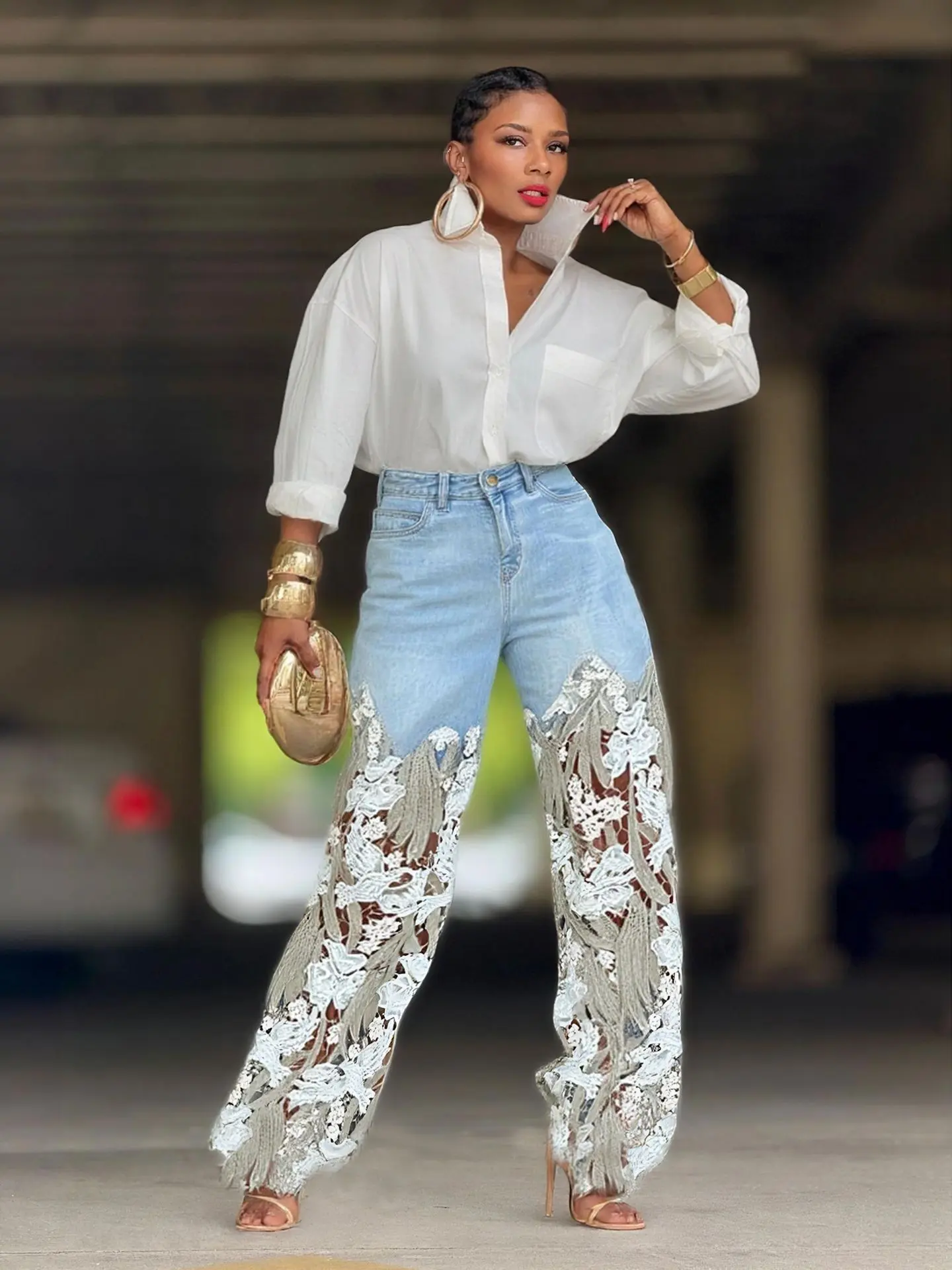 Lace Patchwork Jeans for Women Straight Denim Pant Hollow Out High Waist Elegant Streetwear Pockets Casual Denim Trousers