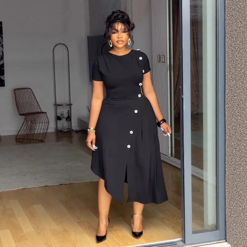 Women Plus Size Semi Formal Dress Black Round Neck Short Sleeve Asymmetric Hem Elegant Split Button Decorate Midi Dresses