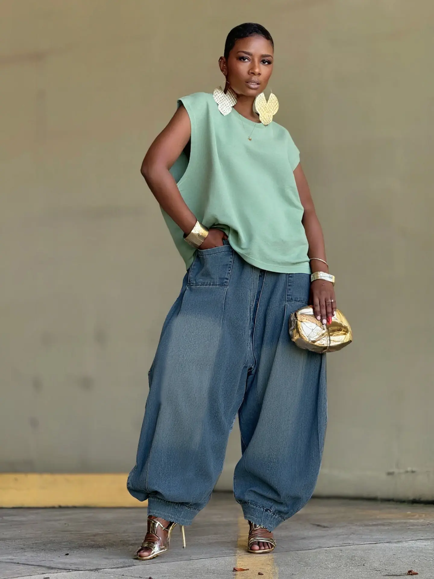 Fashion Loose Harem Wide-leg Lantern Women's Denim Pants Pockets High Street Vintage Loose Casual Denim Trouers Jeans 2025