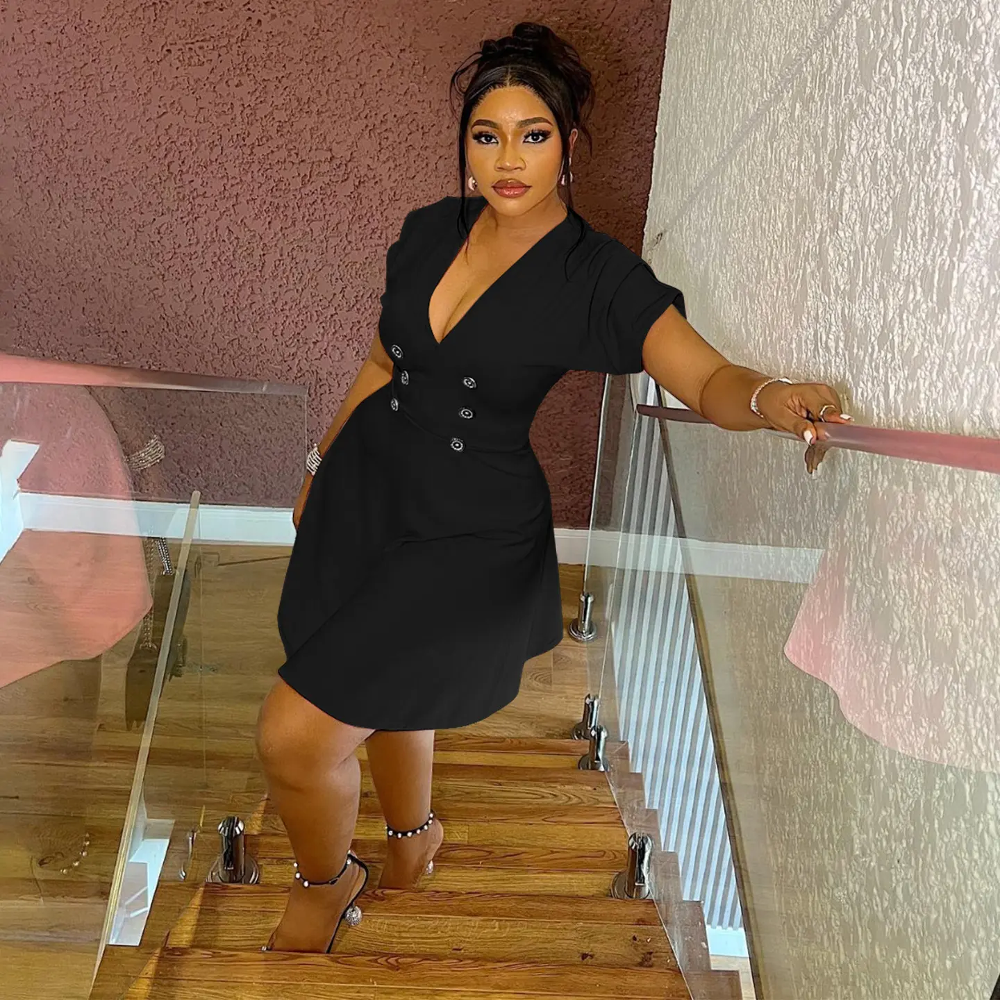 Sexy V-Neck Short Sleeve Mini Dress for Women Slim High Waist Office Lady Solid Black Vintage Casual Double Breasted Dresses