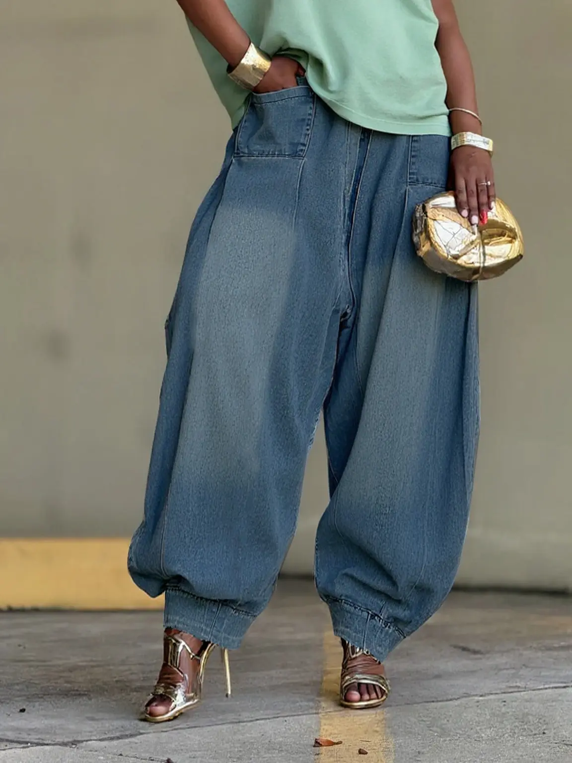 Fashion Loose Harem Wide-leg Lantern Women's Denim Pants Pockets High Street Vintage Loose Casual Denim Trouers Jeans 2025