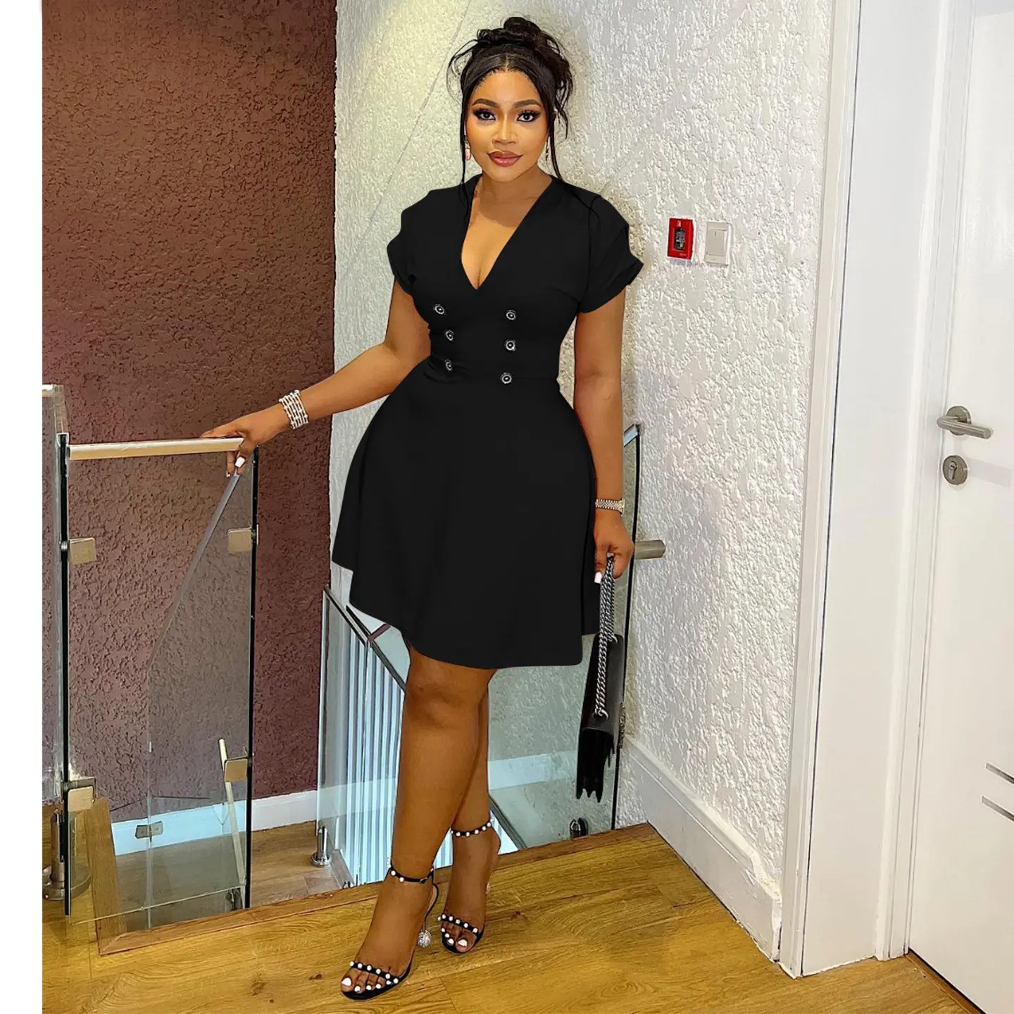 Sexy V-Neck Short Sleeve Mini Dress for Women Slim High Waist Office Lady Solid Black Vintage Casual Double Breasted Dresses