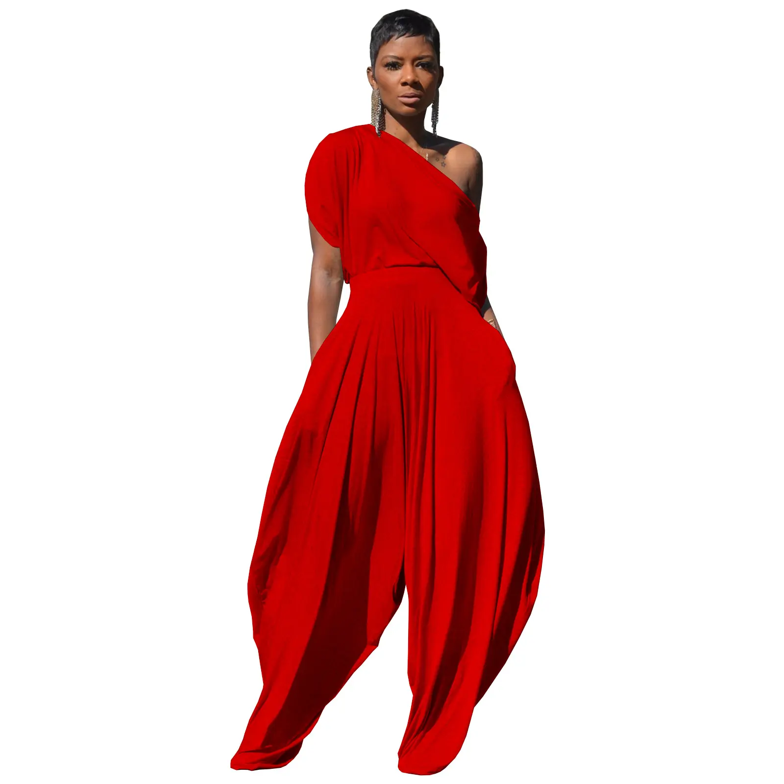 Women Off the Shoulder Two Piece Set Skew Neck Short Sleeve Asymmertric Top and Hamer Pant Matching Set Casual Loose Outfits