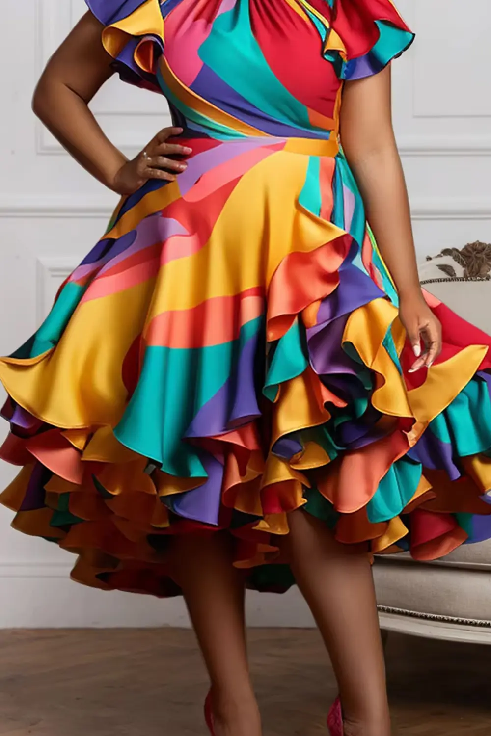 Plus Size Dress for Women Ruffle Flying Sleeve Tierred Elegant Sweet Round Neck Summer Midi Dresses Casual Vintage Afican Dress