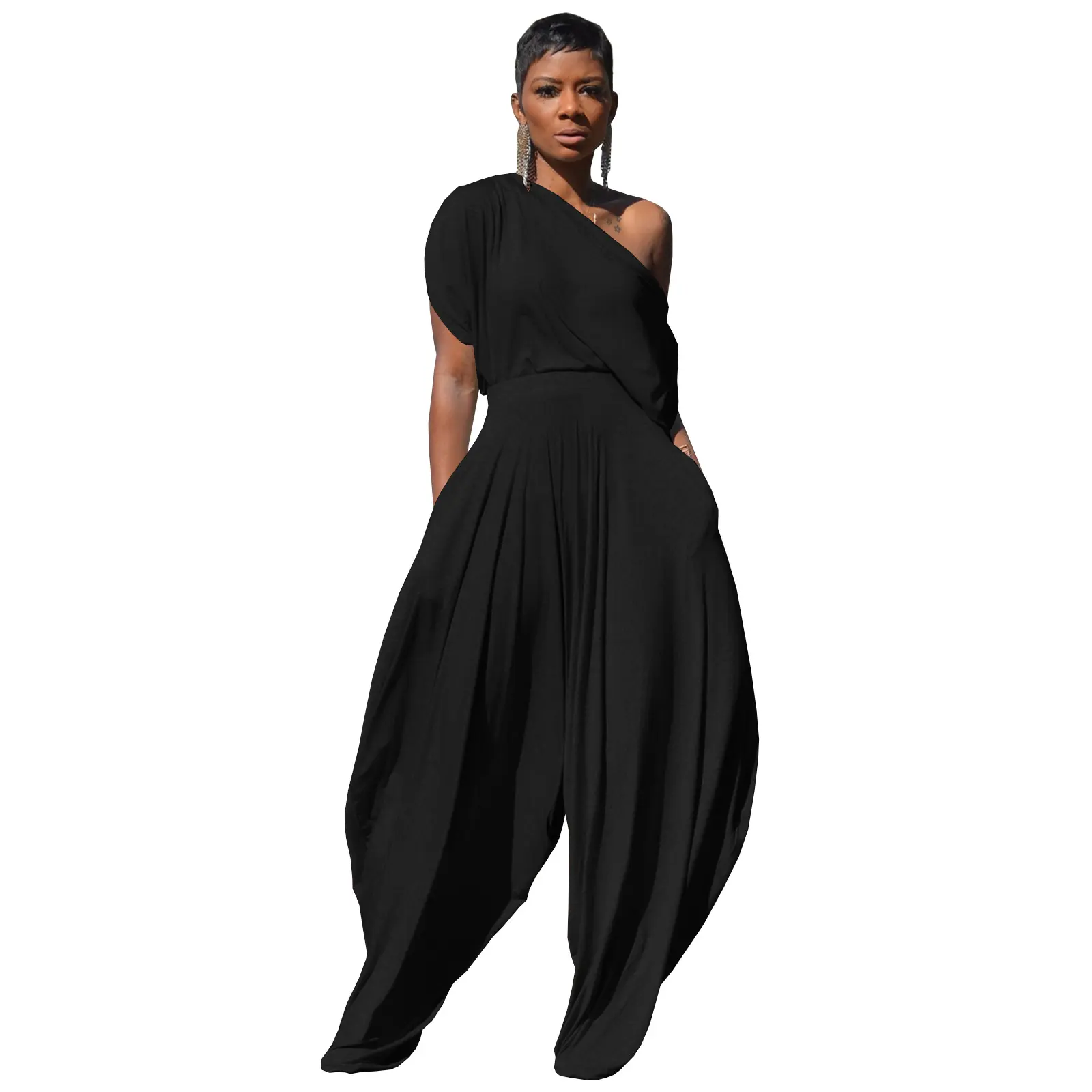 Women Off the Shoulder Two Piece Set Skew Neck Short Sleeve Asymmertric Top and Hamer Pant Matching Set Casual Loose Outfits