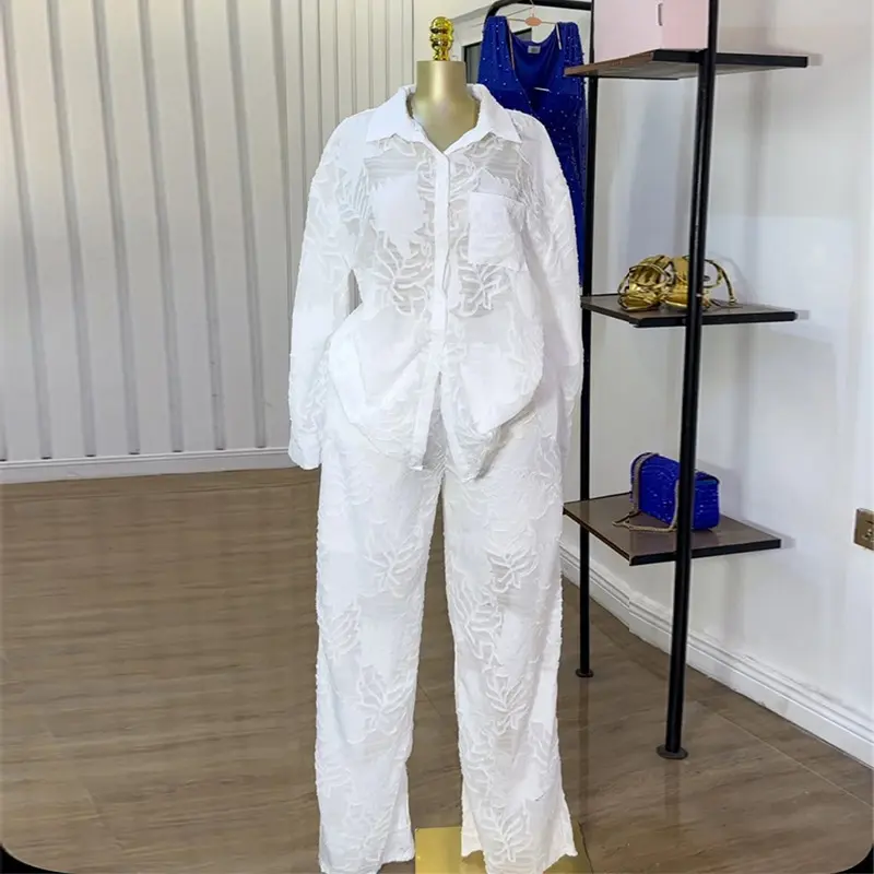 Two Piece Set for Women Casual Hollow Out Long Sleeve Turn Down Collar Shirt and Wide Leg Pant Cut Out Matching Set Outfits