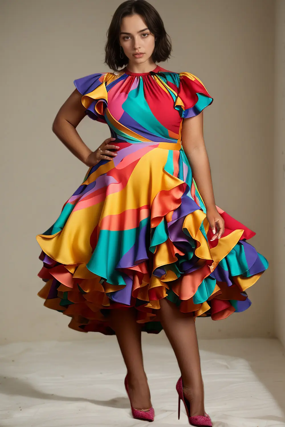 Plus Size Dress for Women Ruffle Flying Sleeve Tierred Elegant Sweet Round Neck Summer Midi Dresses Casual Vintage Afican Dress