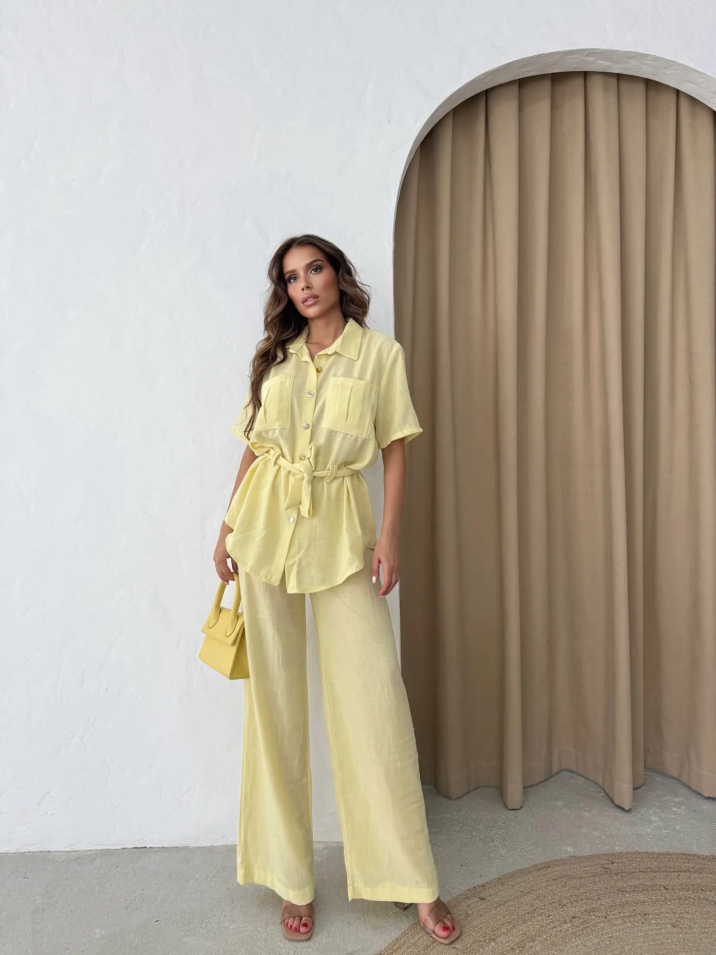Turn Down Collar Two Piece Pant Set Short Sleeve Shirt and Wide Leg Pant Matching Set Casual Office Lady Cotton 2 Piece Sets
