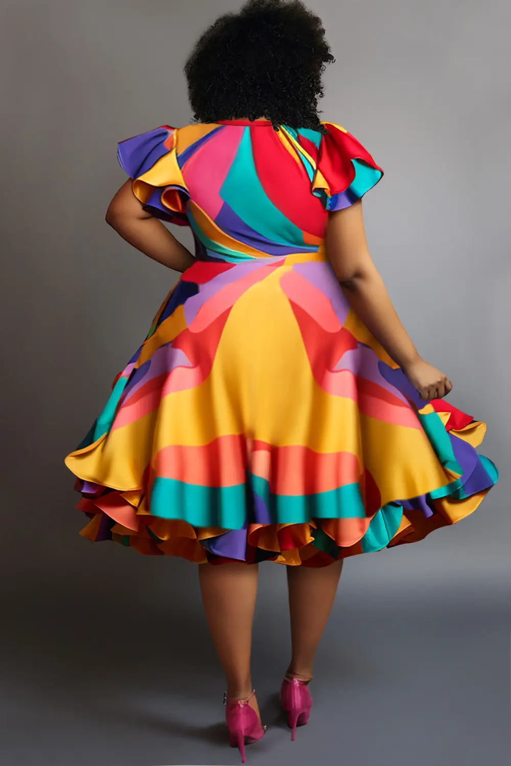 Plus Size Dress for Women Ruffle Flying Sleeve Tierred Elegant Sweet Round Neck Summer Midi Dresses Casual Vintage Afican Dress
