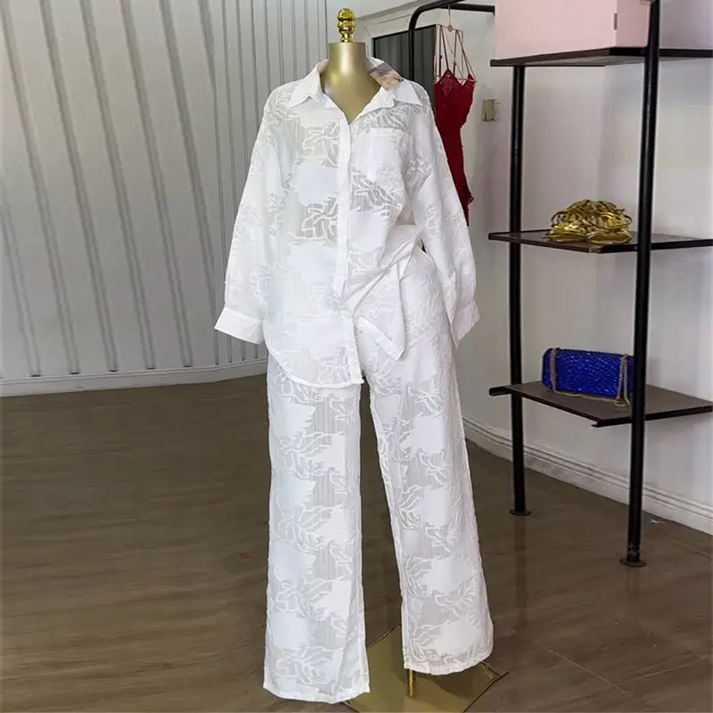 Two Piece Set for Women Casual Hollow Out Long Sleeve Turn Down Collar Shirt and Wide Leg Pant Cut Out Matching Set Outfits