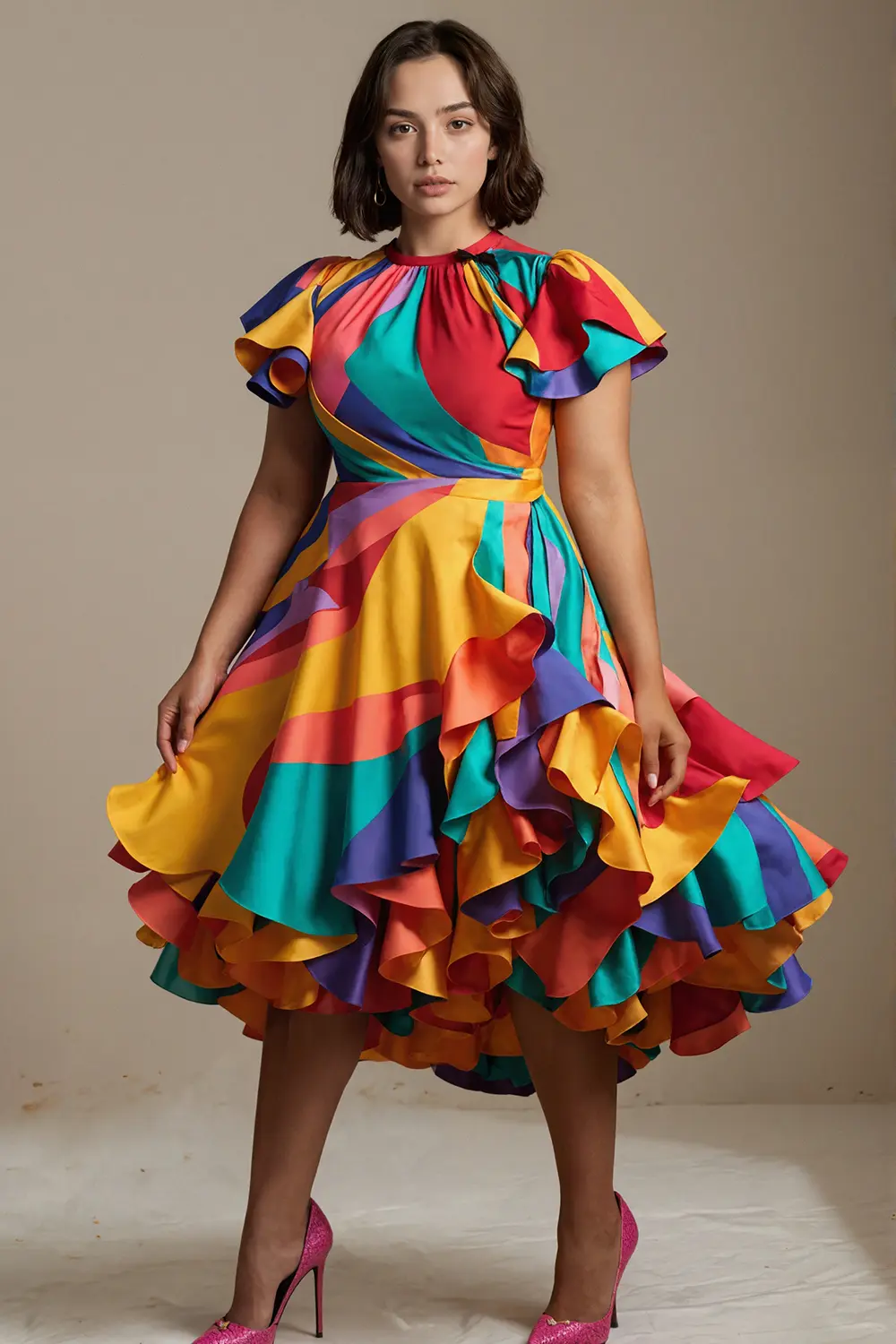 Plus Size Dress for Women Ruffle Flying Sleeve Tierred Elegant Sweet Round Neck Summer Midi Dresses Casual Vintage Afican Dress