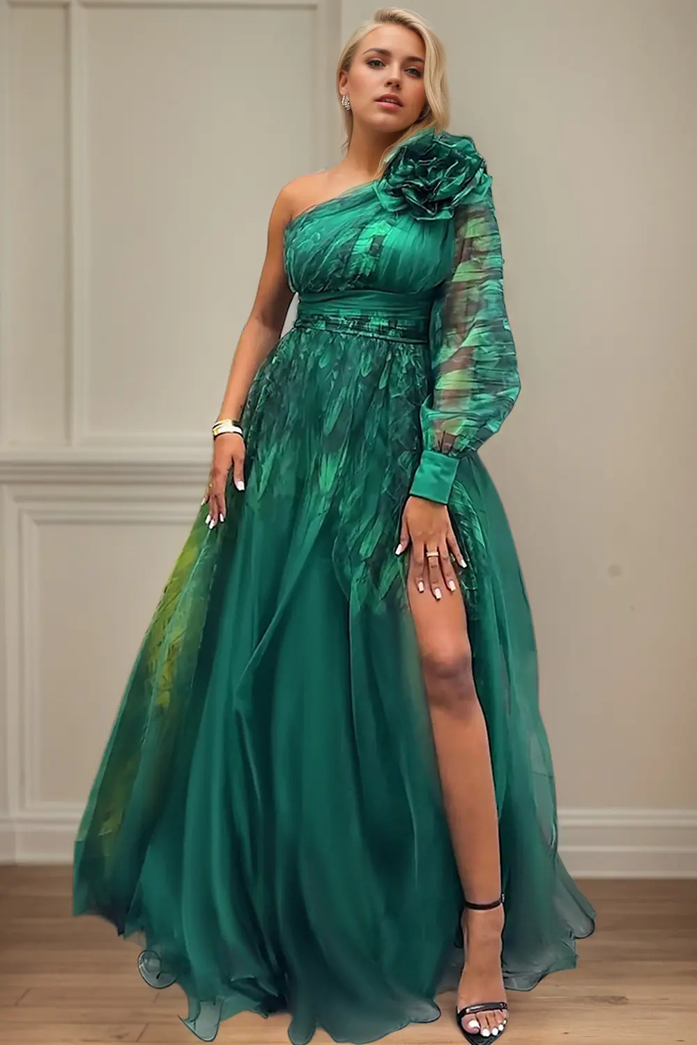 Women's 3D Floral Maxi Dress One Sleeve Slit Hem Sexy Casual Elegant Chiffon See through Cocktail Party Evening Gown
