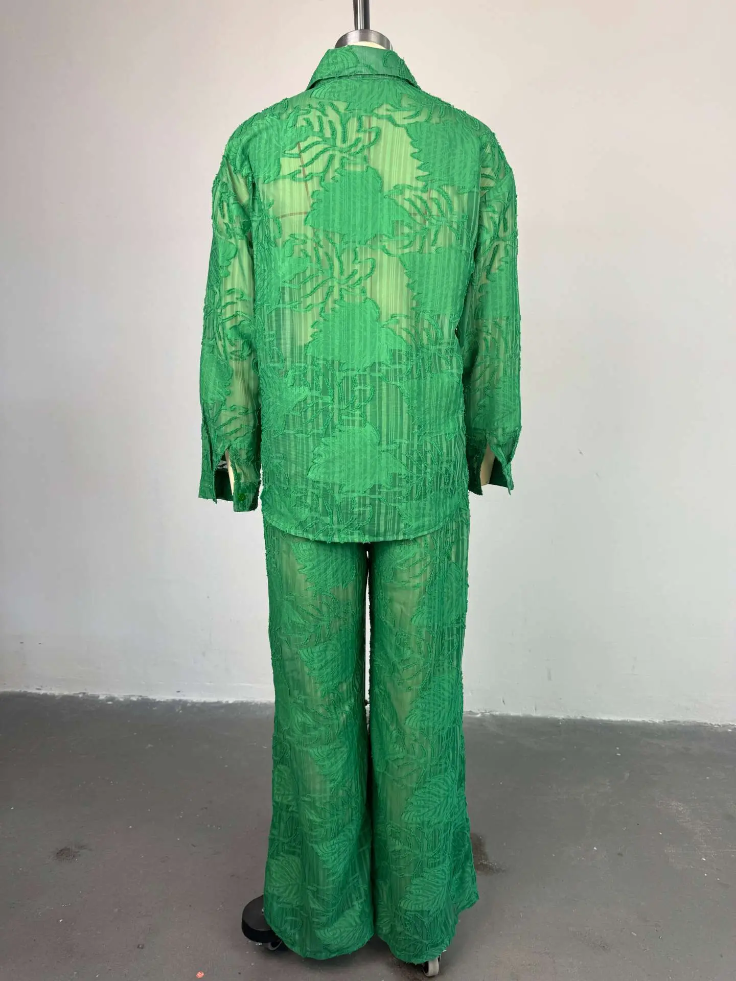 Two Piece Set for Women Casual Hollow Out Long Sleeve Turn Down Collar Shirt and Wide Leg Pant Cut Out Matching Set Outfits