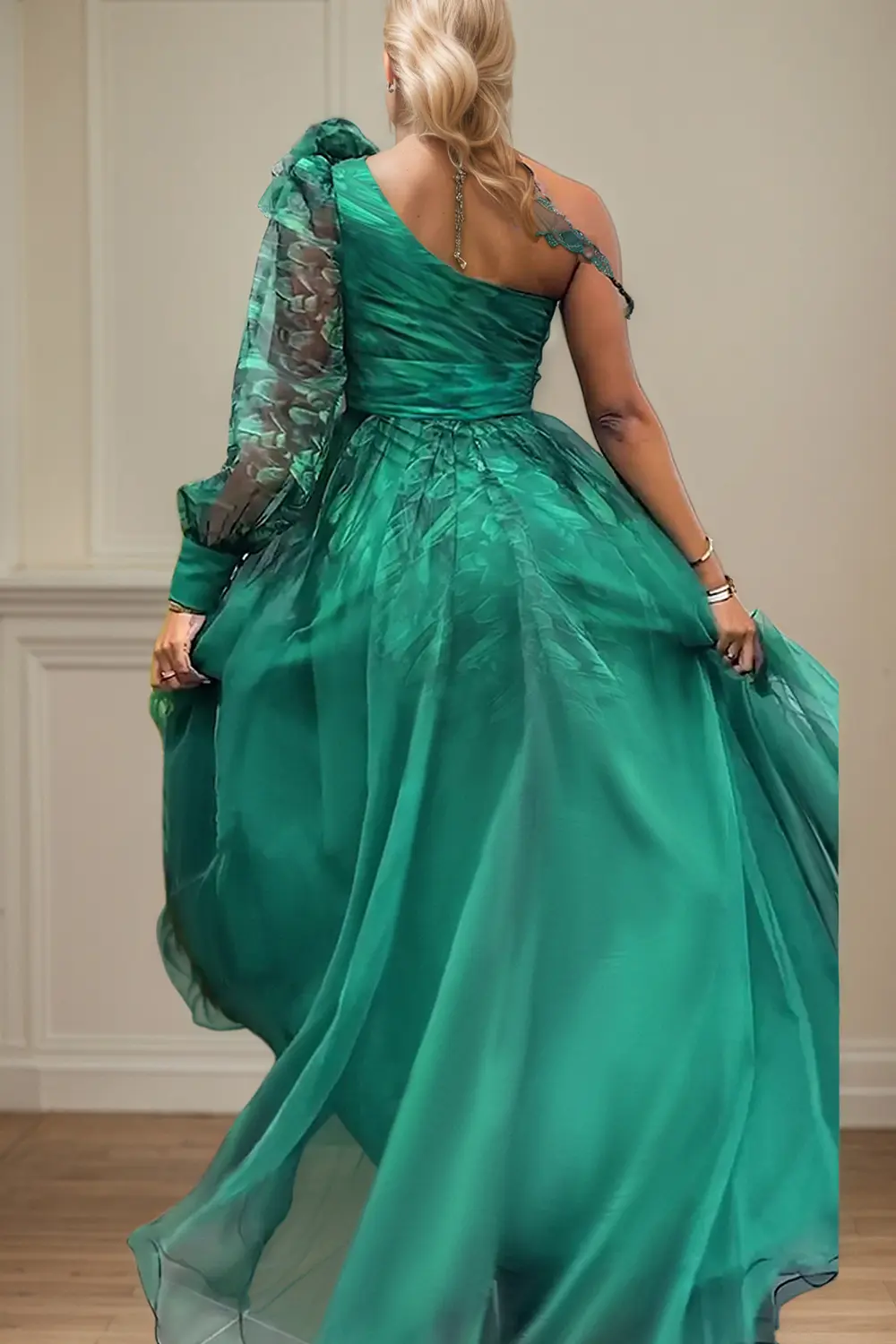 Women's 3D Floral Maxi Dress One Sleeve Slit Hem Sexy Casual Elegant Chiffon See through Cocktail Party Evening Gown
