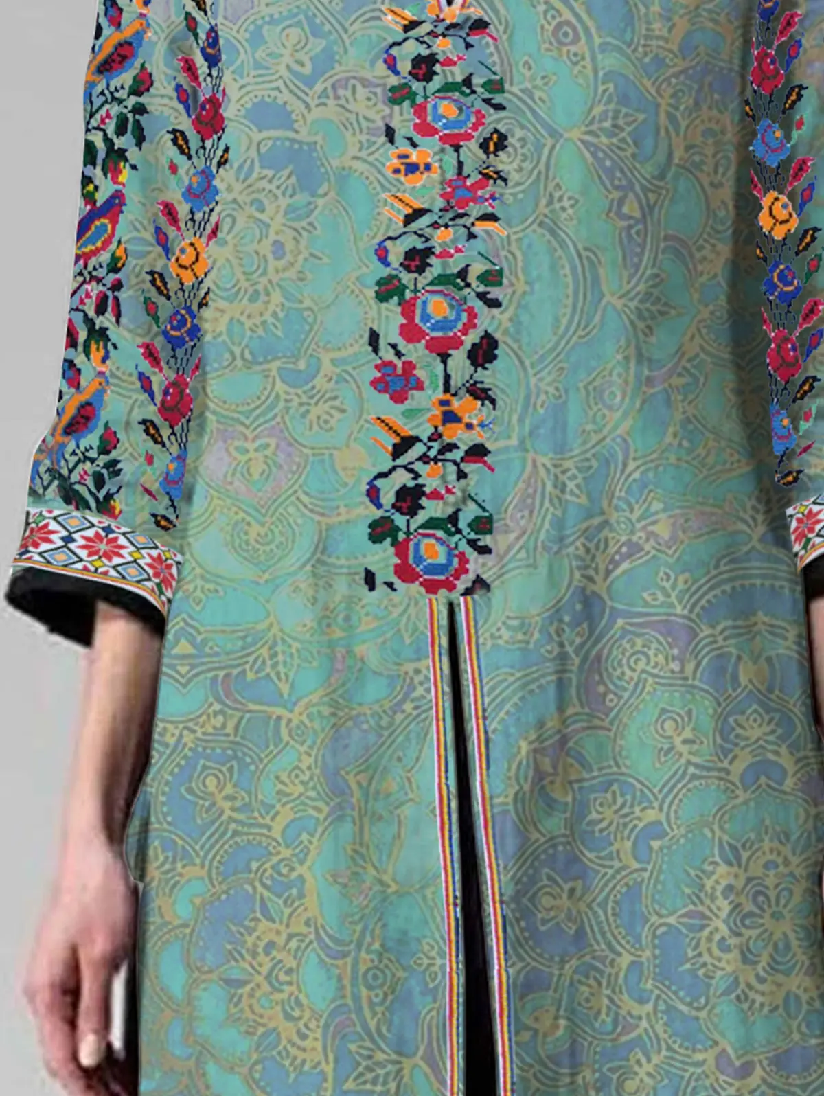 Ethnic Notched Collar Midi Dress Split Floral Print Vintage Straight Dress Three Quarter Sleeve Autumn Fashion Casual Dresses