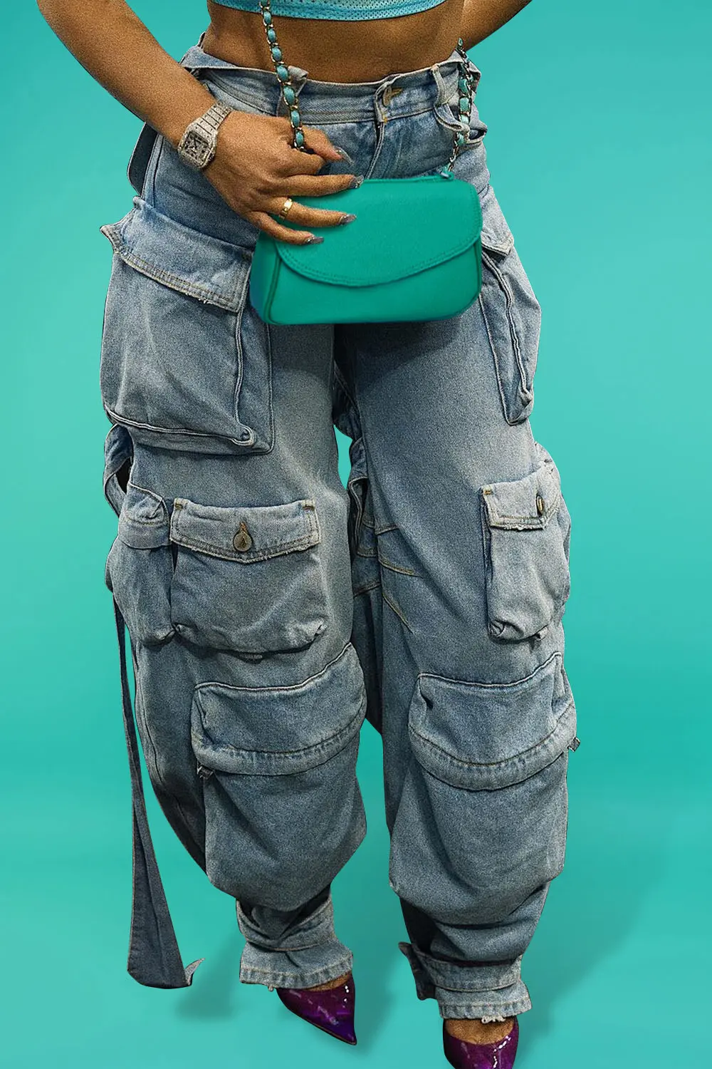Plus Size Daily Light Blue Spring Summer Pocket Cargo Denim Jeans High Street Harajuku High Waist Casual Loose Denim Trousers
