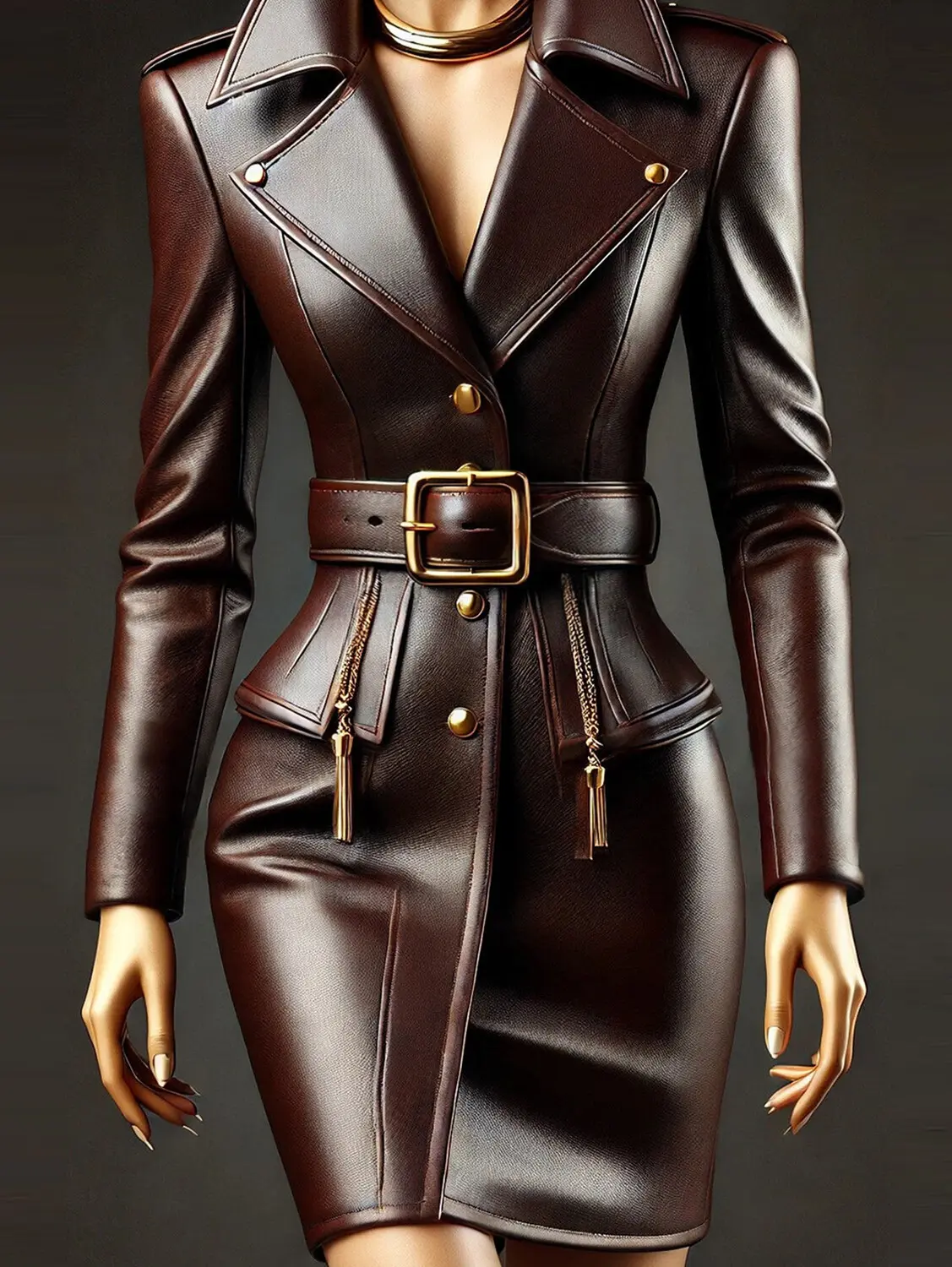 Women PU Leather Dress Lapel Collor Button Long Sleeve with Belt Casual Vintage Pockets Slim Elegant Office Lady Mini Dresses