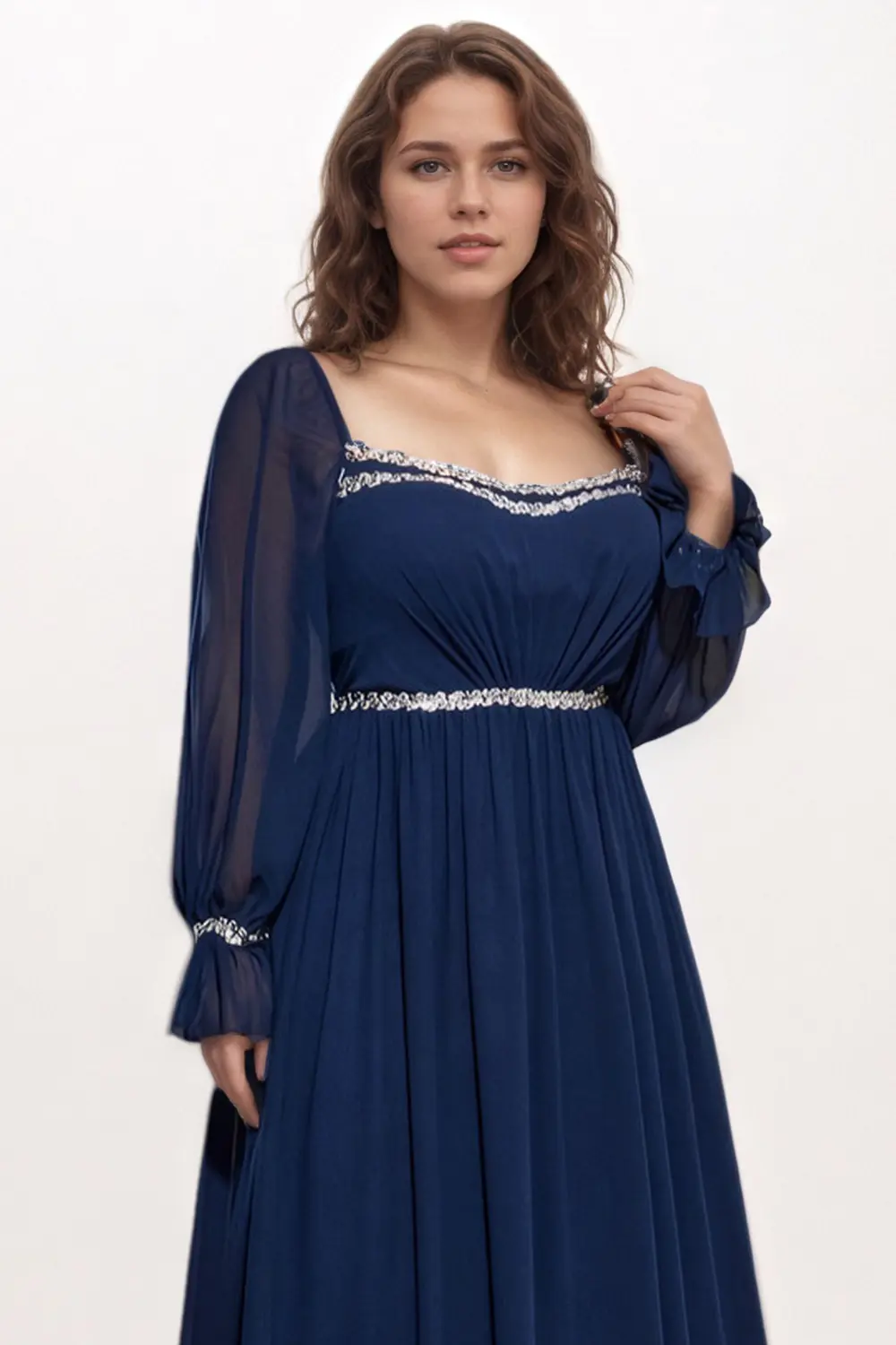 Plus Size Dress for Women Square Collar Chiffon Puff Sleeve See Through Sequined Elegant Wedding Guest Evening Long Dress