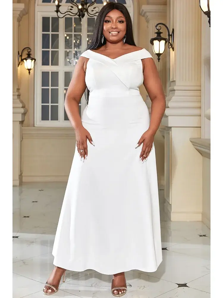 Ruffle Sleeve Plus Size Evening Party White Dress Sleeveless Off the Shoulder Solid Casual Elegant Minimalist Cocktail Dress