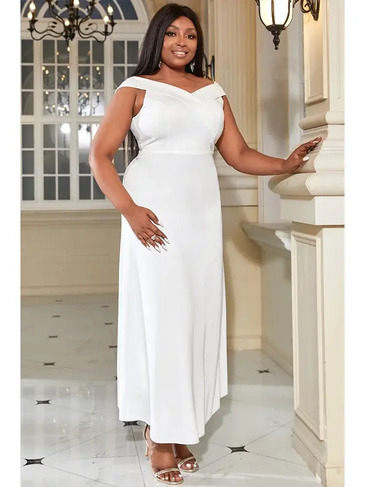 Ruffle Sleeve Plus Size Evening Party White Dress Sleeveless Off the Shoulder Solid Casual Elegant Minimalist Cocktail Dress
