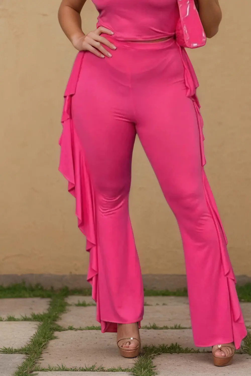 Plus Size Women Two-piece Set Clothing Summer Solid Color Tank Top Ruffle Pant Set Lady Vest + Trousers Casual Set Trendy Suit