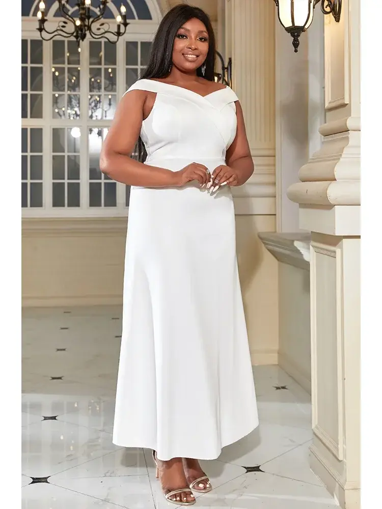 Ruffle Sleeve Plus Size Evening Party White Dress Sleeveless Off the Shoulder Solid Casual Elegant Minimalist Cocktail Dress