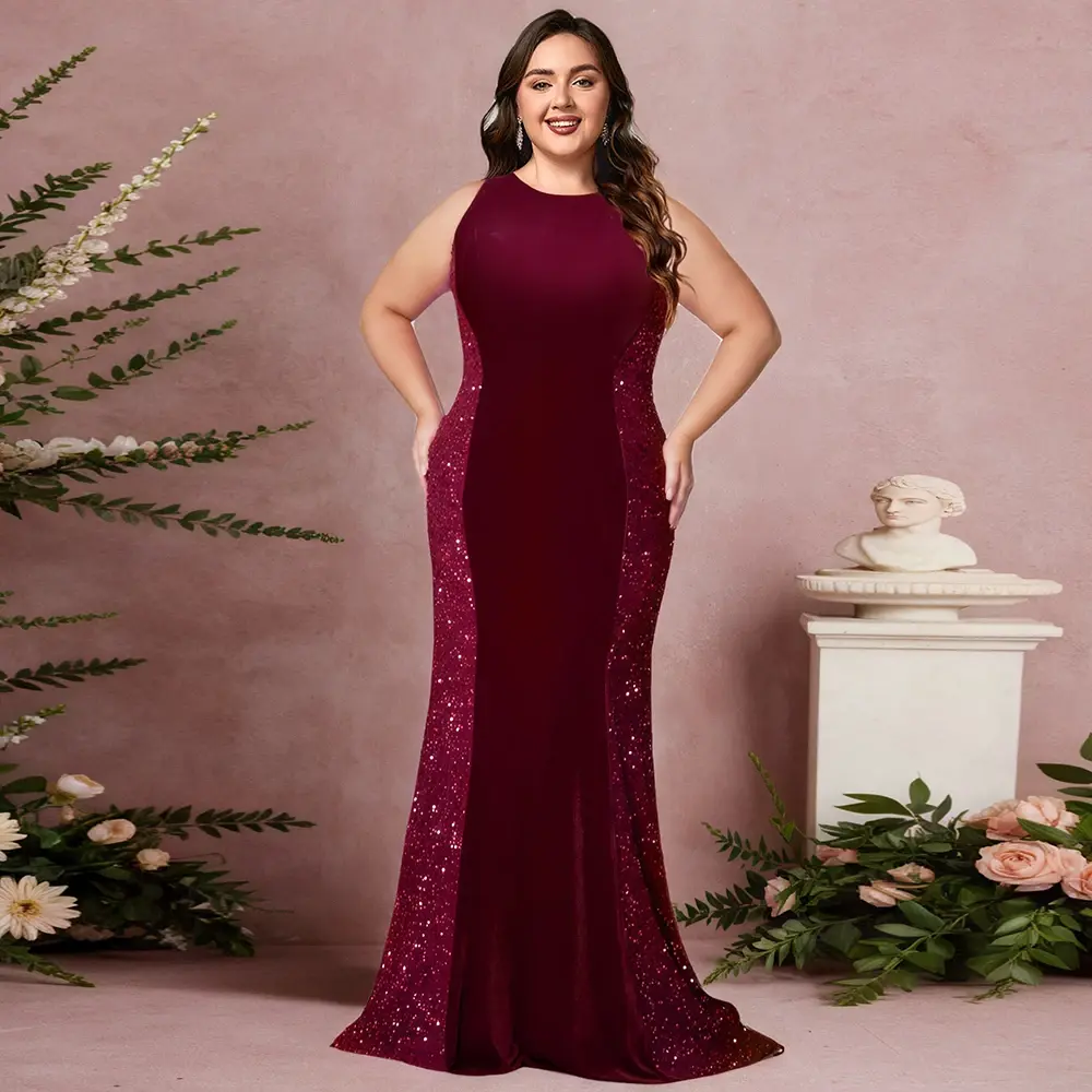 Women Plus Size Evening Dress Sleeve Sequined Velvet Patchwork Round Neck Floor-Length Slim Mermaid Dress for Women Party Club