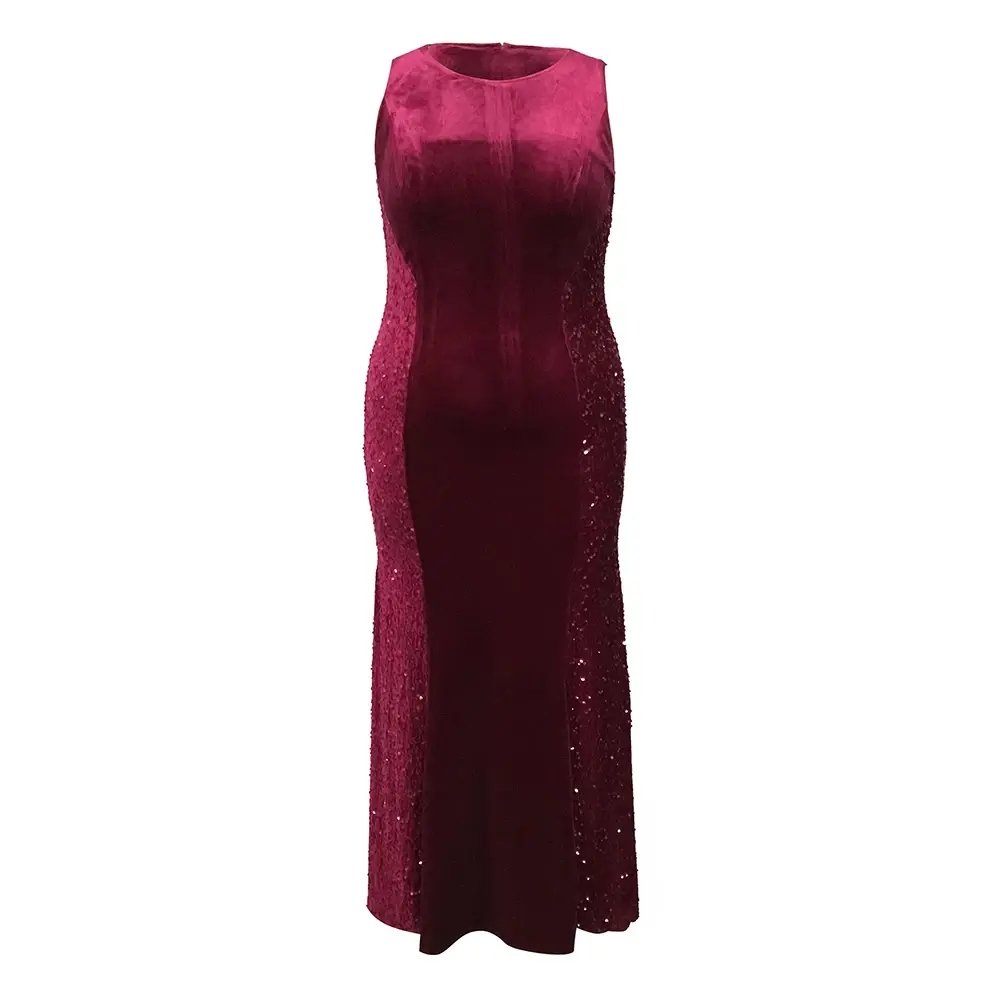 Women Plus Size Evening Dress Sleeve Sequined Velvet Patchwork Round Neck Floor-Length Slim Mermaid Dress for Women Party Club