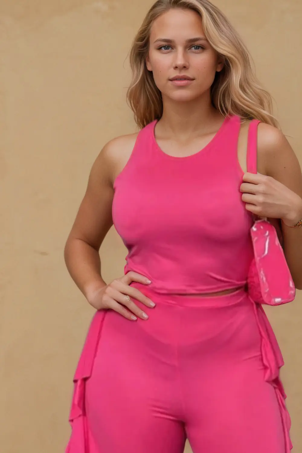 Plus Size Women Two-piece Set Clothing Summer Solid Color Tank Top Ruffle Pant Set Lady Vest + Trousers Casual Set Trendy Suit