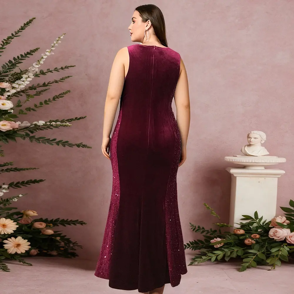 Women Plus Size Evening Dress Sleeve Sequined Velvet Patchwork Round Neck Floor-Length Slim Mermaid Dress for Women Party Club