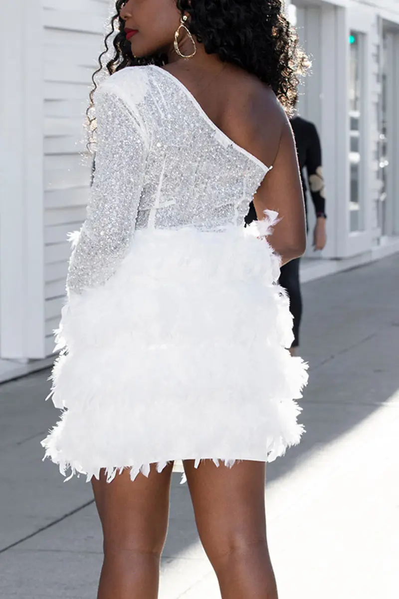 Plus Size White Semi Formal One Shoulder Ruffle Feather Sequin Mini Dresses Party Club Cocktail Wedding Guest Elegant Dress 2024