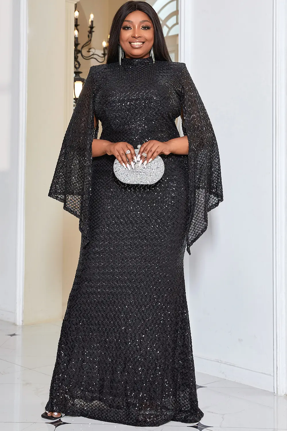 Plus Size Evening Dress Black Prom Split Sleeve Sequin Maxi Dresses Party Club Bodycon Slim Cocktail Long Dress for Women 2025