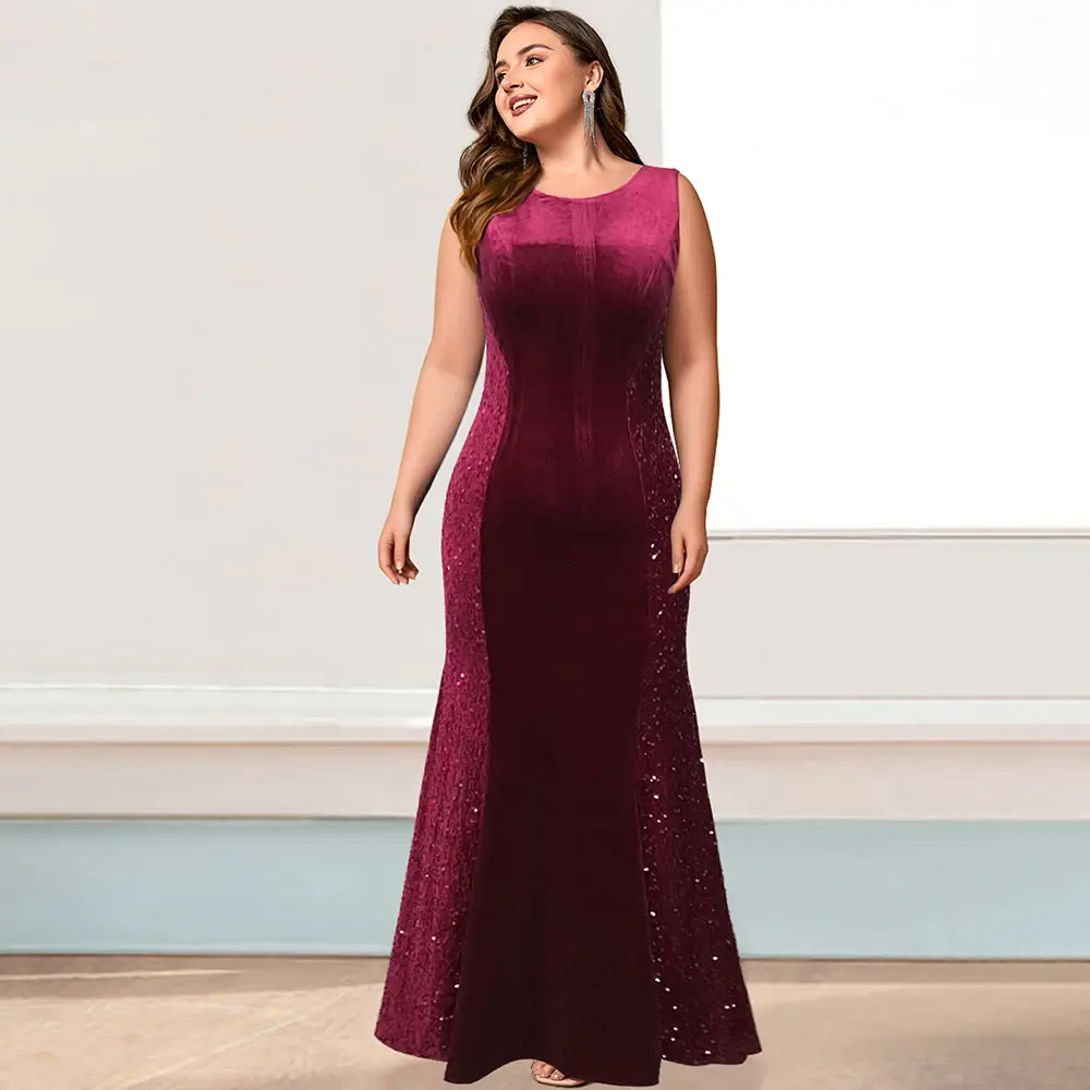 Women Plus Size Evening Dress Sleeve Sequined Velvet Patchwork Round Neck Floor-Length Slim Mermaid Dress for Women Party Club