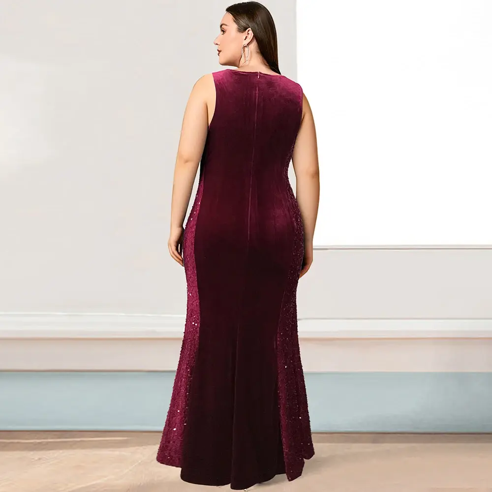 Women Plus Size Evening Dress Sleeve Sequined Velvet Patchwork Round Neck Floor-Length Slim Mermaid Dress for Women Party Club